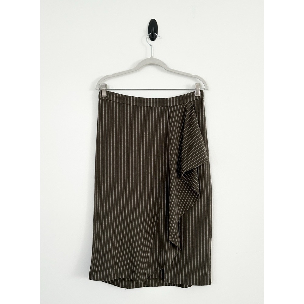 J. Jill Women S Moss Green Asymmetric Drape Front Pinstripe Linen Midi Skirt NWT - Picture 2 of 12